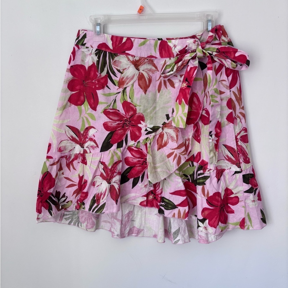 Marina Luna Linen Floral Ruffle Wrap /Tie Skirt Size Medium